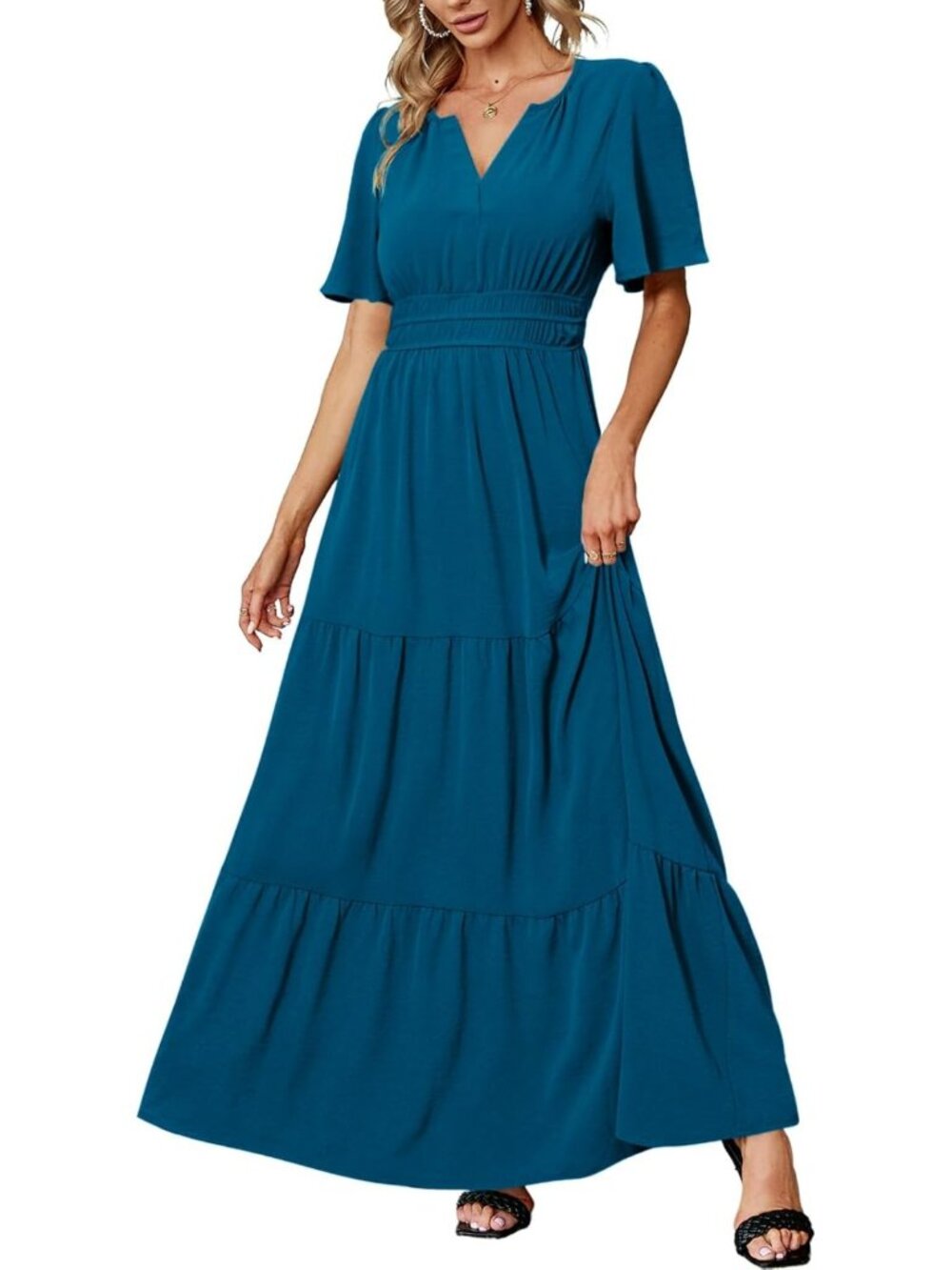 Elegant V Neck Maxi Dress for Women - Short Sleeve Formal Wedding Guest Outfit